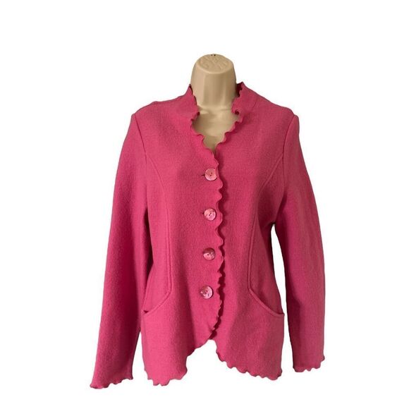 VENARIO Boiled Wool button down ruffled long sleeve cardigan Pink Size Medium - Picture 1 of 9
